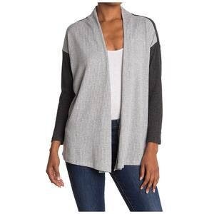 Bobeau Open Front Waffle Knit Long Sleeve Cardigan Sweater Gray Charcoal S NWT